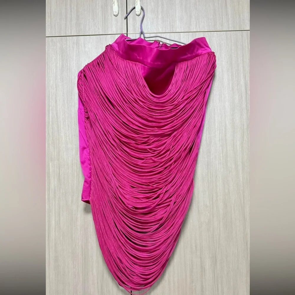 Asymmetrical Draped Fringe Skirt in Hot Pink